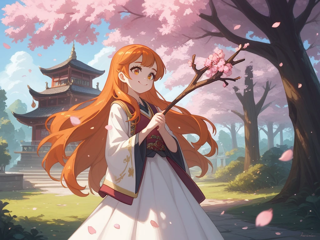  A kitsune young, wearing a white dress, wearing  a long pink elegant witch's tunic above all. a kind smile. with orange hair and golden glitter eyes. holding a thin wooden stick in her hand, from which blue sparks come out. Standing in front of an old Japanese castle with a school aesthetic with several cherry blossom trees around it, which give a beautiful and peaceful atmosphere. With a distant dormant volcano in the background. Soft anime style. Harry Potter style 