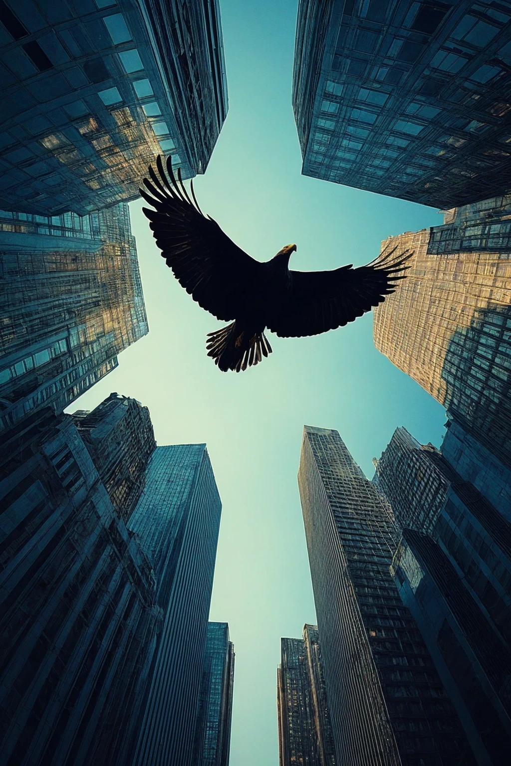 (best quality, masterpiece, photorealistic, elaborate details:1.2), a silhouette of an eagle can be seen soaring in the clear sky, it is a center composition surrounded by skyscrapers from a fish eye lens, experimental photography