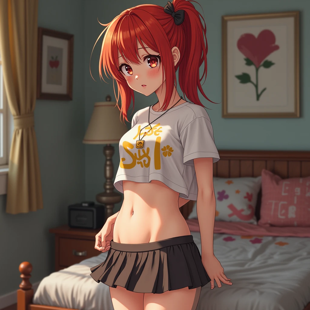 super fine illustration, vibrant colors, masterpiece, sharp focus, best quality, depth of field, cinematic lighting, ultra detailed, t-shirt, long frill skirt, belly button, midriff,, 1 woman, solo, home, solo, milf, very messy hair, curly hair, slender, blush, annoyed, room, indoors, mature woman, tall woman, looking down, v-shaped eyebrows,