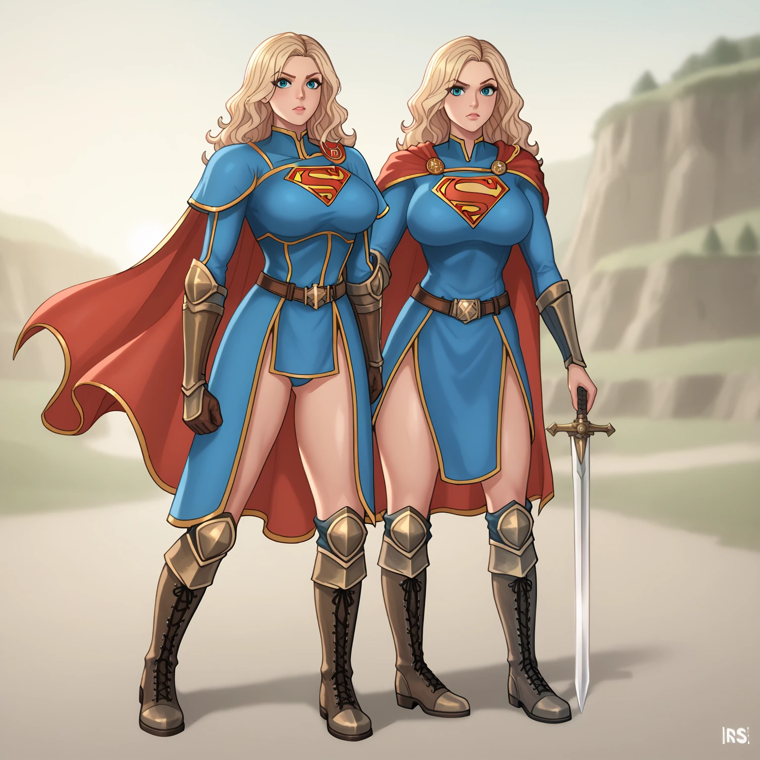 Supergirl paladin warrior in paladin clothing,  voluptuous body , medieval, isekai,  long wavy hair, split hair style,  full armor with cape , High combat boots , sword