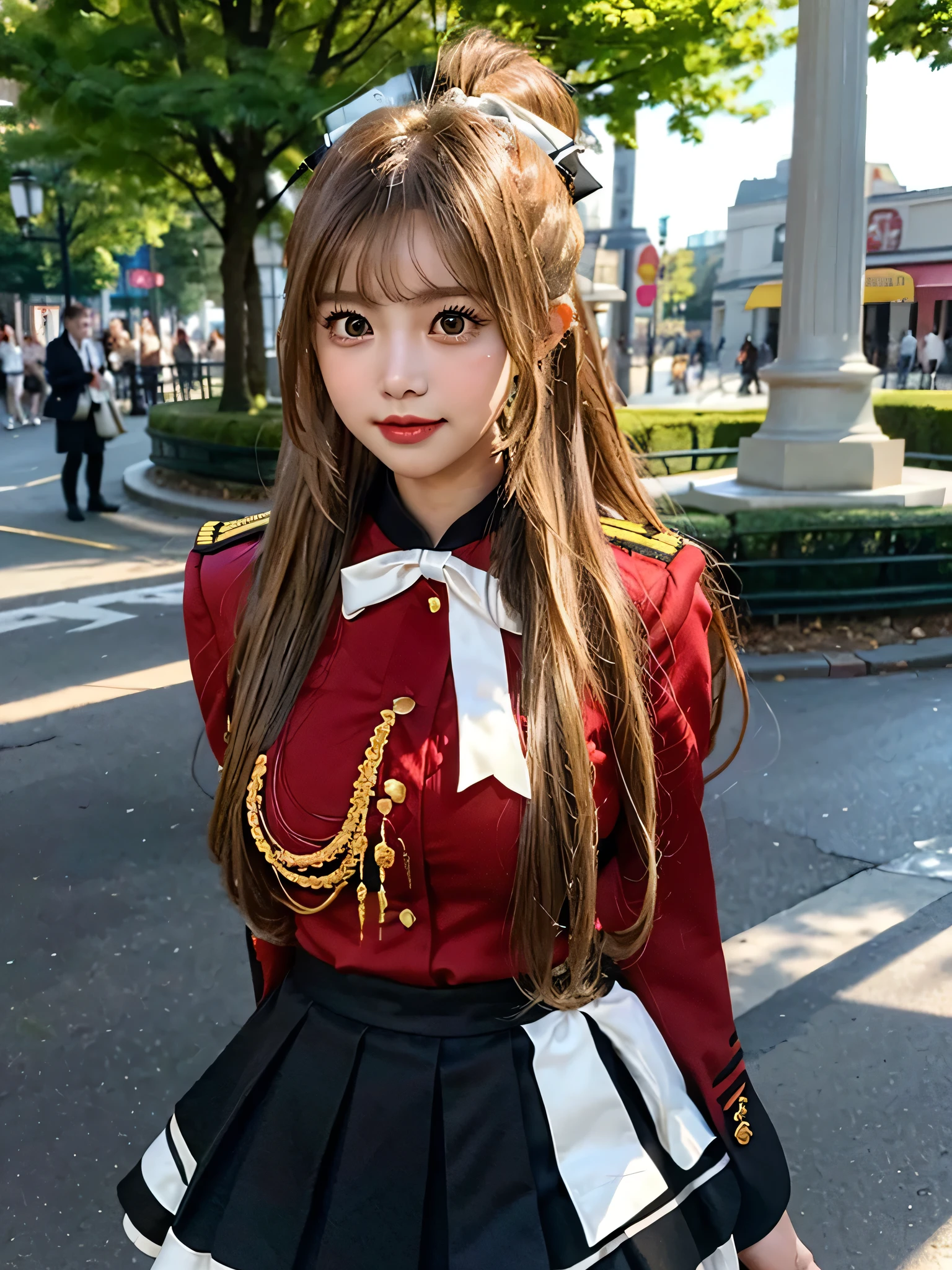 masterpiece, Best Quality, 8K、highres, Sento Isuzu, 1girl, ponytail, (Golden Ratio Face、Balanced eyes、very gentle eyelids)、double eyelid、Beautiful nasal muscles、Shy laughter、Lip Gloss 、Very beautiful girl、Beautiful girl solo like a model、View photographer,  hair bow, brown eyes, uniform, red shirt, red uniform, aiguillette, black skirt, white thighhighs, amusement park, standing, cowboy shot, hand on hip, sexy pose, dynamic pose, medium breasts, naughty smile,