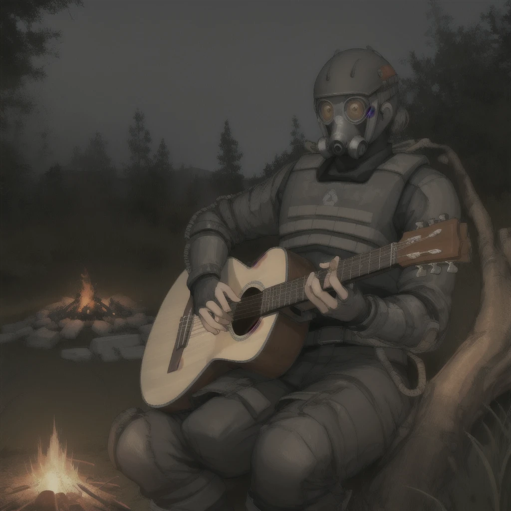 (best quality, masterpiece:1.2), 1boy, solo, sci-fi armour, helmet, gas mask, gray colour scheme, post-apocalypse, field, (campfire:1.2), night, sitting, (playing acoustic guitar:1.4), Шедевр, Точность, Детально, 