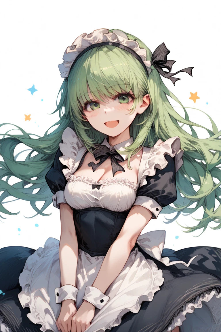 black souls style,1girl, green eyes,green hair,short maid dress ,pale skin, open mouth,smile,happy, blushes, gluttonous, medium breasts,