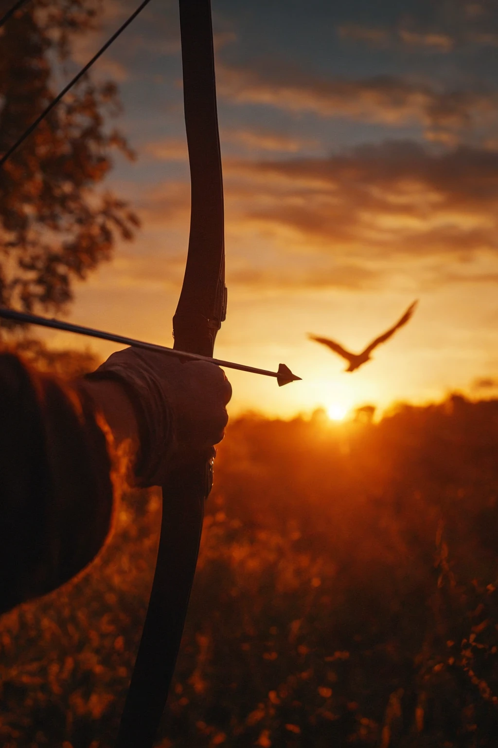 (best quality, masterpiece, photorealistic, elaborate details:1.2), pov of an archer, visible hand and arm holding the bow and arrow aiming at the silhouette of a flying duck at the distance, cinematic