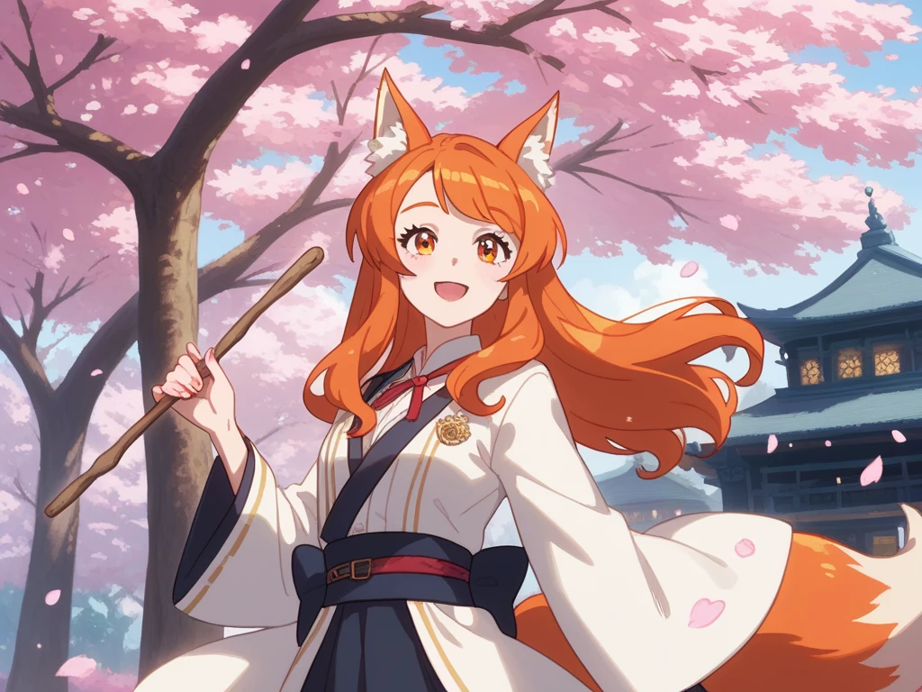  A female kitsune, wearing a white dress, wearing  a long pink elegant witch's tunic above all. a kind smile. with orange hair and golden glitter eyes. holding a thin wooden stick in her hand, from which blue sparks come out. Standing in front of an old Japanese castle with a school aesthetic with several cherry blossom trees around it, which give a beautiful and peaceful atmosphere. With a distant dormant volcano in the background. Soft anime style. Harry Potter style 