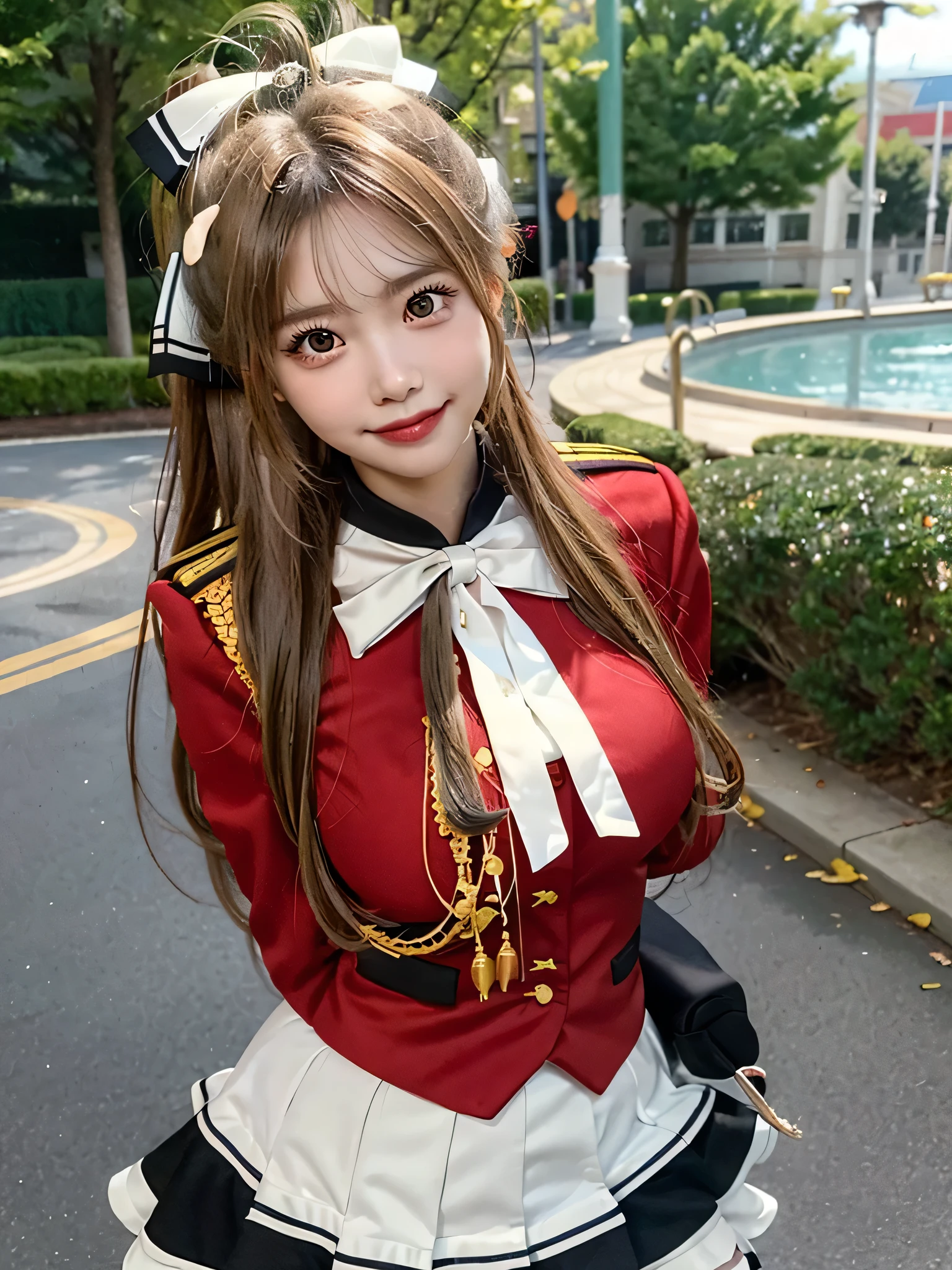 masterpiece, Best Quality, 8K、highres, Sento Isuzu, 1girl, ponytail, (Golden Ratio Face、Balanced eyes、very gentle eyelids)、double eyelid、Beautiful nasal muscles、Shy laughter、Lip Gloss 、Very beautiful girl、Beautiful girl solo like a model、View photographer,  hair bow, brown eyes, uniform, red shirt, red uniform, aiguillette, black skirt, white thighhighs, amusement park, standing, cowboy shot, hand on hip, sexy pose, dynamic pose, medium breasts, naughty smile, cheerful expression, arms on top,