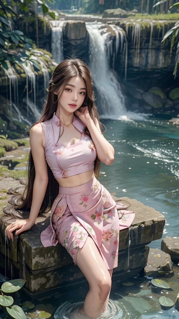 8k, masterpiece, 1 girl, beautiful face, ((very long hair)), glossy makeup, closed mouth, (glossy skin:1.5), detailed eyes, detailed lips, push up breasts, pink short jacket, ultra light vest, ((thin floral Myanmar long skirt)), ((floral skirt)), ((bare thigh)), straps clothing, (waterfall:1.5), water:1.4, steam effect, water vapor, adult pose,half body pose 