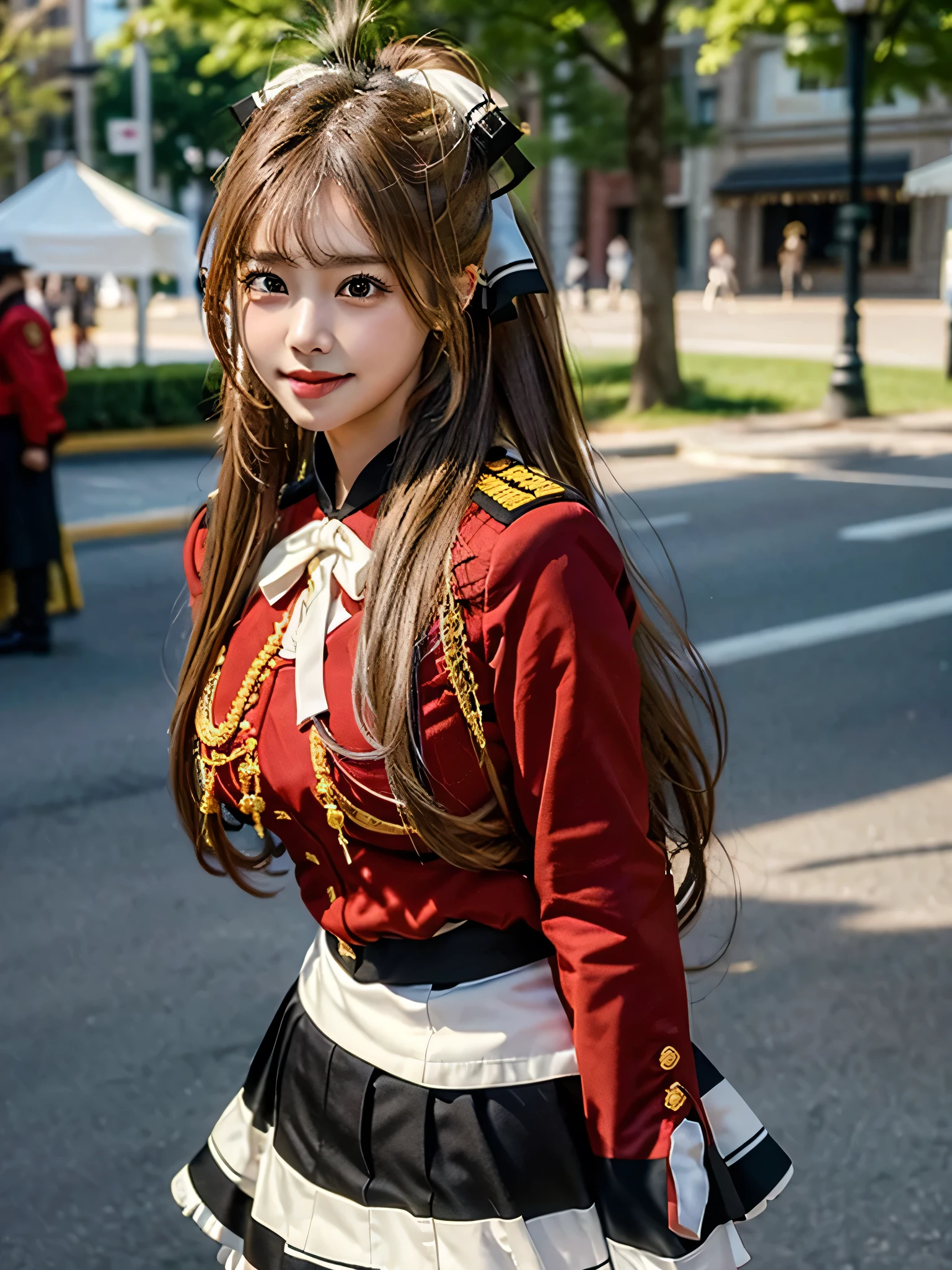 masterpiece, Best Quality, 8K、highres, Sento Isuzu, 1girl, ponytail, (Golden Ratio Face、Balanced eyes、very gentle eyelids)、double eyelid、Beautiful nasal muscles、Shy laughter、Lip Gloss 、Very beautiful girl、Beautiful girl solo like a model、View photographer, hair bow, brown eyes, uniform, red shirt, red uniform, aiguillette, black skirt, white thighhighs, amusement park, standing, cowboy shot, hand on hip, sexy pose, dynamic pose, medium breasts, naughty smile, cheerful expression, arms on top,