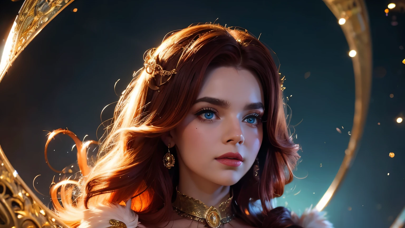 25 year old beautiful girl, big eyes, large breasts, petite, 8K, top quality, (very detailed head: 1.0), (very detailed face: 1.0), (very detailed hair: 1.0), ancient goddess, very detailed european woman, clean detailed, smile, golden hair, smooth long hair, abstract art, cubes ribbons, coloful, splash paint, wather, bloody mess. spirals. full lips, upper body, multicolored aura around her. arms outstretched, judy garland face. intense red hair. body type: hourglass poundy body , hottie, sexy, lightning over her hands.