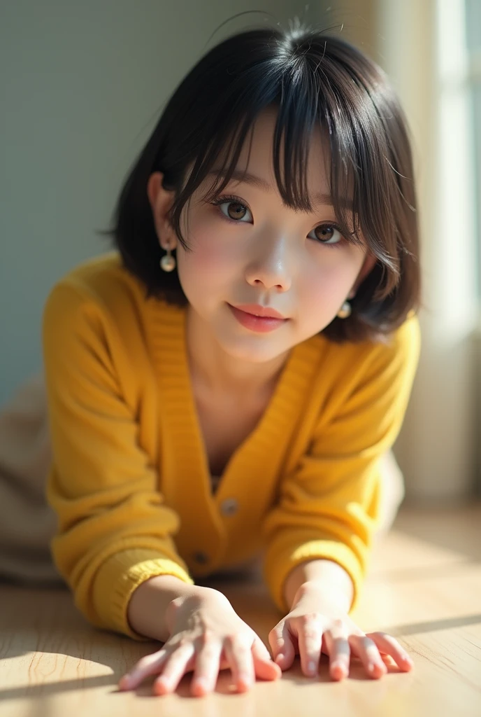 (((Japanese)))(-yeld gi ((((10-year-o gi人、alo))) whole body写真 Full Shot short hair Low ponytail whole body Thighs Oversized Mesh Sweater Black pantyhose cute Moe sleeves Long sleeves Hands in sleeves Shot from between the legs Spread your legs Spread your legs Smile and squint Photographing the crotch Salopette skirt Panties visible through the gap