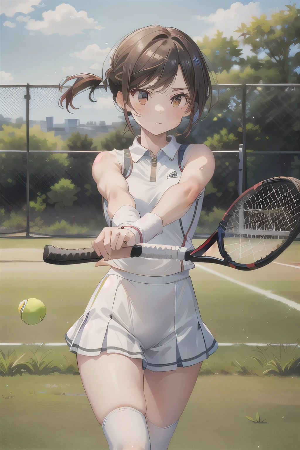 １The girls、Shirts、pleatedskirt、17 age、Bob Hair Style、A smile、A delightful!、japanes、enmaided、Chromo-white skin、Beautiful eyes、（small tits）、Playing tennis、Wimbledon、Wearing white tennis wear、电影灯光、Upper body portrait、