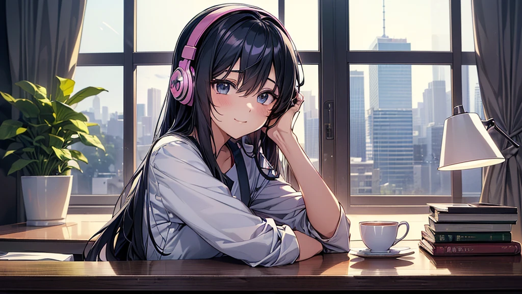 Anime Women 、((( 1 woman)))、((I'm staring at my opponent with a smile))(( Illuminated by a warm desk lamp and soft candle light、cozy bedroom at night 。The person with the headphones is 、 while relaxing with steaming tea in one hand 、 sitting in a comfortable chair 。 the cat rolls up in a nearby bed 、Rest in peace。The room、Wooden desk、 several neatly stacked books 、 and small potted plants with green accents 、 and features a minimalist design 。 The overall atmosphere is quiet and inviting 、 perfect for relaxing 。From the window、 I can see the city lights faintly in the distance 。))、((Clothes are for fall ))、(( blue and black long air))、((Beautiful blue-black eyes))、beautiful Anime Women, Anime Women、with long hair, Anime Style 4k, pretty Anime Women, more beautiful than Kira portrait, more beautiful than Kira style, more beautiful than Kira, (Anime Women), more beautiful than Kira woman, cute Anime Women, more beautiful than Kira art style, 素敵な長袖のドレスを着たかわいいAnime Women, anime wallpaper 4k、16:9