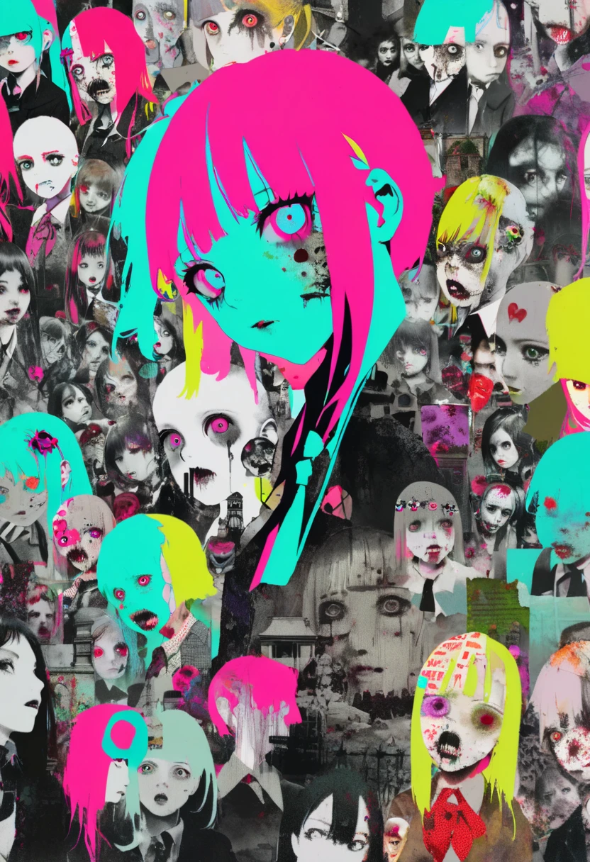 <lora:dustyraypaints:1.0>, dustyraypaints, painting, drawing, creepy, scary, bloody, cut, 2girls, bangs, black hair, blunt bangs, gradient hair, green eyes, green hair, hair between eyes, hair ornament, hairpin, half updo, highres, hug, hug from behind, lying, medium hair, multicolored hair, multiple girls, on stomach, orange hair, pillow, pink hair, soha \(sirohase\), streaked hair, swept bangs, two-tone hair, yellow eyes, yuri