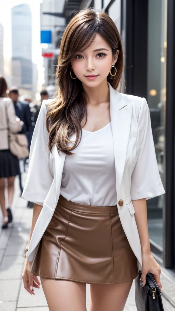 1 Japanese woman, (Masterpiece: 1.3), high resolution, ultra-definition, high-definition CG Unity 8K wallpaper, real, photoreal, raw photo, beautifully detailed face, realistic glowing skin, fine cloth texture, detailed hair texture, perfect style, beautiful face, accurate, anatomically correct, highly detailed face and skin texture, fine eyes, brown eyes, double eyelids, shiny skin, (fair skin: 1.2) , shiny necklace and earrings, (shiny lips: 1.4)) pretty girl: 1.3), (updo, wavy hair), (seductive smile: 1.2, blush), (wearing an elegant beige suit: 1.3), Big breasts, (pink orange color panties: 1.2), (Cityscape: 1.2), Downtown, Full body shot, Skirt pulled up, Full body shot, (Bank teller, beige skirt, Ribbon, Short sleeves, White shirt, beige Skirt ,beige Best: 1.1), (Button spacing: 1.3), underneath