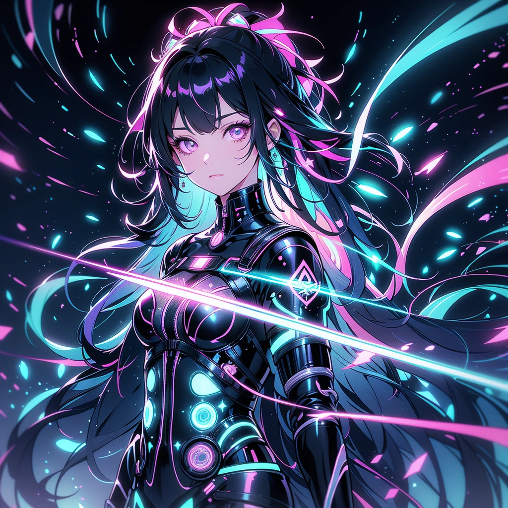   and cyberpunk elements {x} of anime wrapped around the head with colorful ribbons black silhouette of a girl.  ribbons and bows shine like diamonds 、 must have various patterns 。. The background is dark、Shining Light .  The art style is digital 、 are ultra-detailed and surrealistic fantasy illustrations 。.   are high resolution and high definition with neon colors and vivid colors  . There is a glitch effect , Holographic effects ,  neon lighting ,   hologram effects incorporating elements of cyberpunk  .  has a strong contrast between light and dark ,   Shadows and Highlights  . --AR3:4 --Niji 6