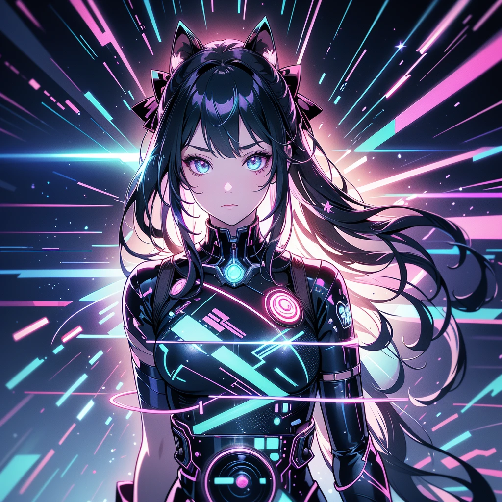   and cyberpunk elements {x} of anime wrapped around the head with colorful ribbons black silhouette of a girl.  ribbons and bows shine like diamonds 、 must have various patterns 。. The background is dark、Shining Light .  The art style is digital 、 are ultra-detailed and surrealistic fantasy illustrations 。.   are high resolution and high definition with neon colors and vivid colors  . There is a glitch effect , Holographic effects ,  neon lighting ,   hologram effects incorporating elements of cyberpunk  .  has a strong contrast between light and dark ,   Shadows and Highlights  . --AR3:4 --Niji 6