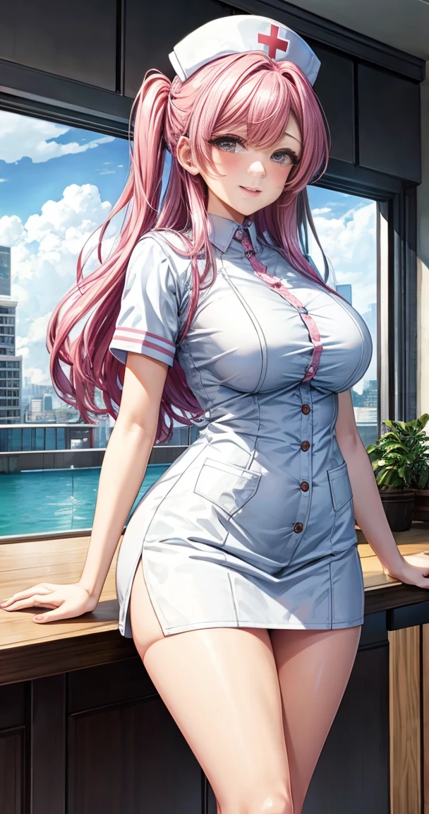   Masterpiece ,  best quality,  ultra detail, nurse,Pink Hair, Medium Hair , HALF UP,Big hips,  smiles lightly, hospital,White handbag,White nurse uniform,Pink Eye, chubby,  nurse cap ,  small breasts,nurse ボトムス,Stethoscope, white pants,
,  best quality,  great quality,  Very Aesthetic ,