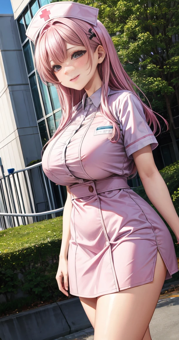   Masterpiece ,  best quality,  ultra detail, nurse,Pink Hair, Medium Hair , HALF UP,Big hips,  smiles lightly, hospital,White handbag,White nurse uniform,Pink Eye, chubby,  nurse cap ,  small breasts,nurse ボトムス,Stethoscope, white pants,
,  best quality,  great quality,  Very Aesthetic ,