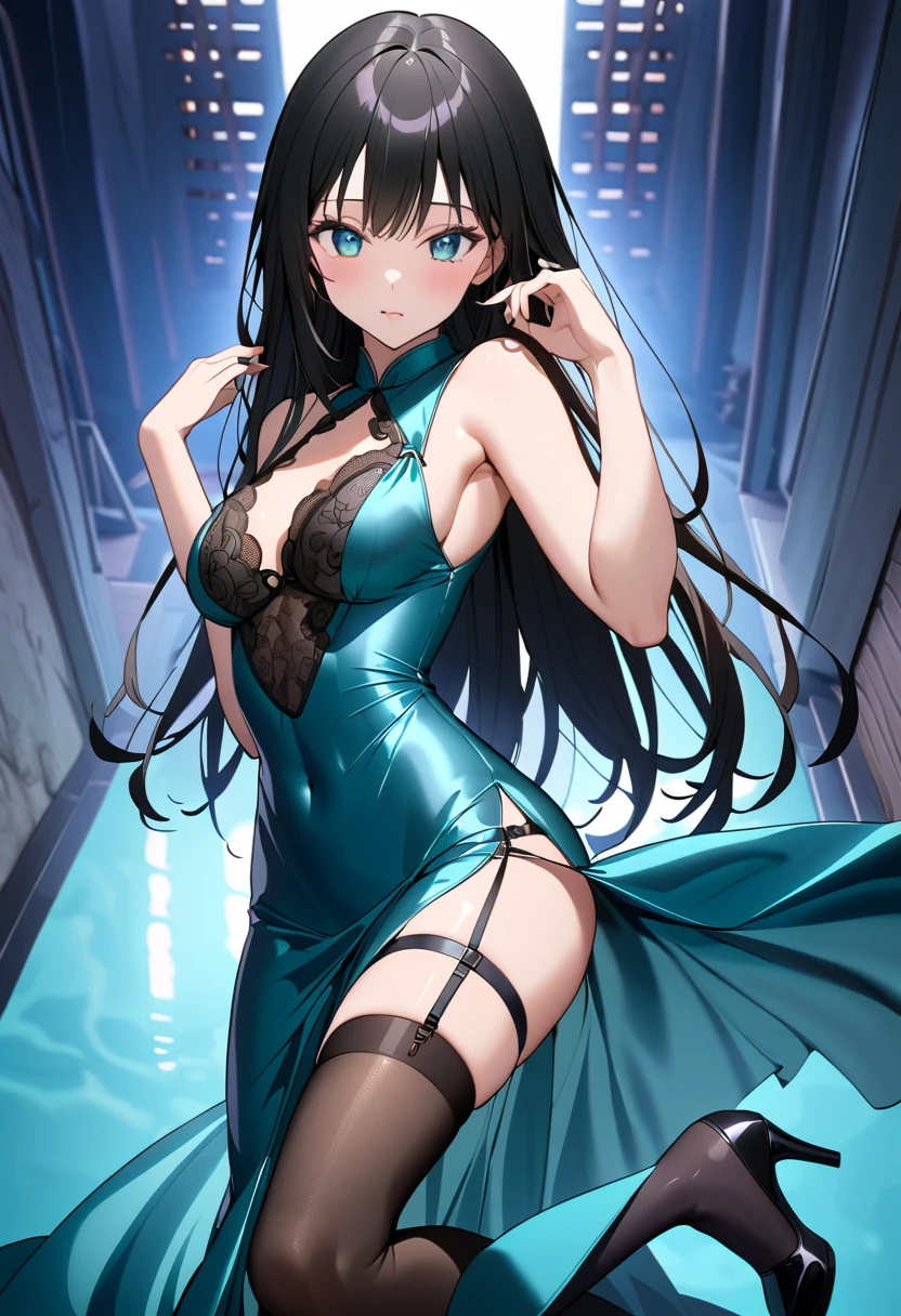  best quality、  Unity 8K Wallpaper、32K、  Masterpiece 、  very detailed、  super high resolution、  very detailedな顔、  RAW photos 、female 1 person、Adult female、((Furukawa Yui))、(( Teal Eyelids))、 black hair、 long hair、 Shiny Navy Blue Long China Dress,  Shiny Silk Fabric with Slits 、、  black hair、  Brown Eyes  、  long hair、、  stockings、  garter belt、 Blue Stiletto Heels  、Peek Into the Slit 、 I can't see my crotch 