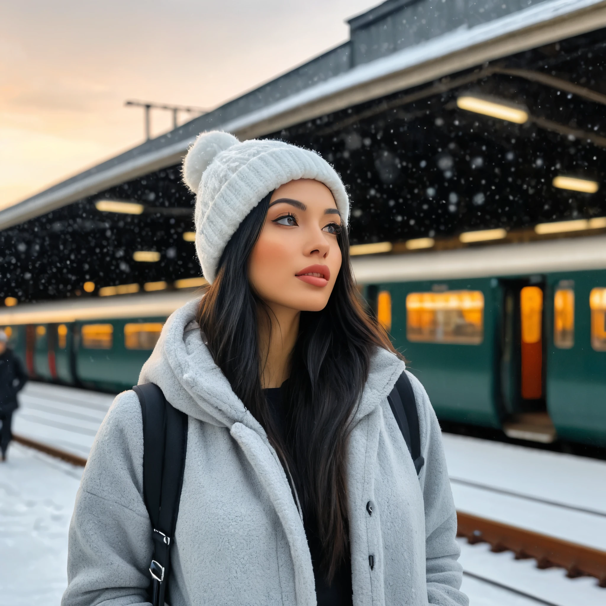 a realistic portrait of a beautiful black hair girl standing in outdoor train station, close-up shot, look up to the sky, (detailed beautiful face), (photo take by Iphone), Instagram model, she wearing an fleece coat, sweatpants and wool hat, sunset light, winter season, light snow falling, cozy atmosphere, bokeh, diffused light, soft focus, depth of field, intricate detail