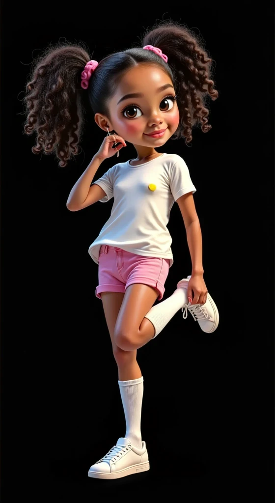 Inspired by the characters, posters and 3D movies from Disney Pixar create the image of a , age>6, 6 anos de idade, girl wearing a white t-shirt, very short pink shorts, white socks up to her knees, white sneakers. She has curly black hair tied in two ponytails. She has light brown skin. She is beautiful and sensual. She does a dance step where she puts her hand on one of her feet. The background is all black for cutting in png.