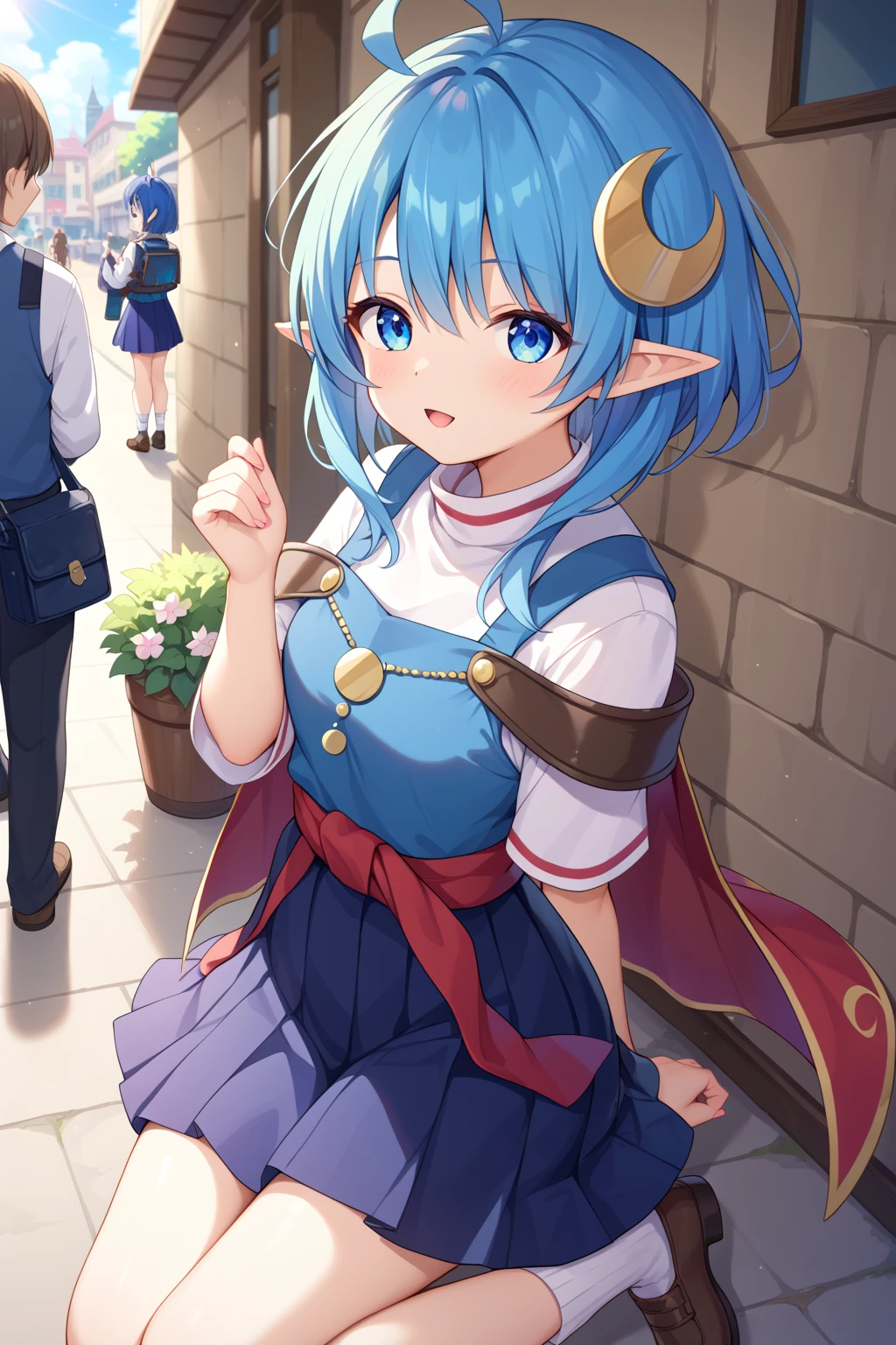 rena lanford, 1girl, ahoge, blue hair, short hair, blue eyes, pointy ears
crescent hair ornament, red cape, blue vest, leather armor, red ribbon, waist ribbon, blue skirt, miniskirt, shoes、****、1girl、solo、public indecency