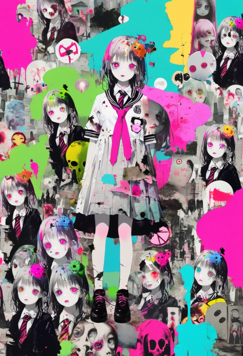 (masterpiece, best quality),(multiple exposure:1.2),
print collage depicting,(cute zombie girl,solo,in graveyard),she is surrounded by Grave-marker symbols,wearing torn school uniform,splash color, collage art, contemporary artistic collage,