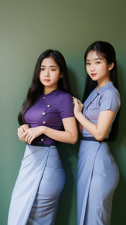 In the photo studio, 3 female teachers dressed in Burmese school teacher uniforms are posing.