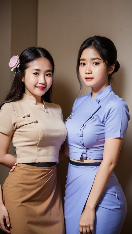 In the photo studio, 3 female teachers dressed in Burmese school teacher uniforms are posing.