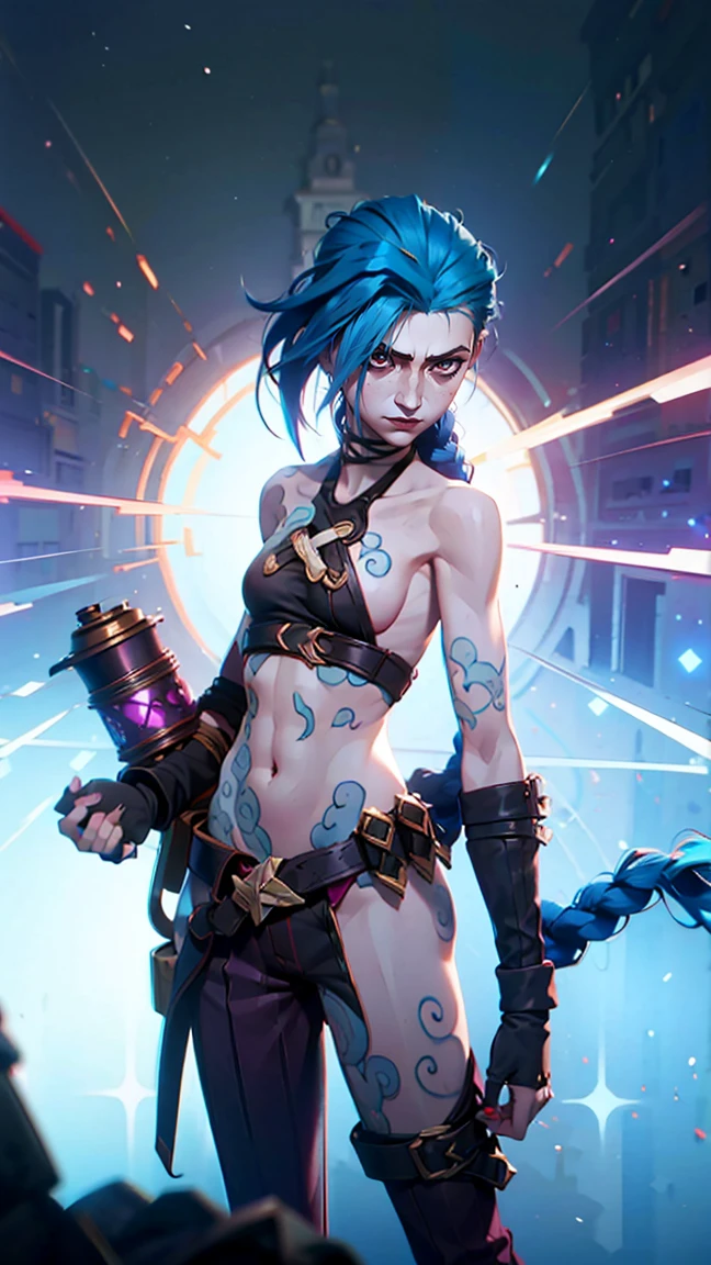 (masterpiece,  better quality), 1 girl, naked,  bare-chested,  sexy underwear ,  portrait of a very detailed beautiful body, fires the Jinx gun from Arcane with  (Jinx gun from Arcane), красный fog, side view,  art ( the body is completely 1.1.),  pale skin, nice legs, the body is completely in the frame,  is very beautiful,  very sexy, small voluminous breasts, full length (Whole body 1.1.),  a sad look, explosions, darkness, fog,  beautiful waist ,  Dark Composition , flame, fire, flash,  is very beautiful, female,  long hair, hair braided into long braids,  very sexy, skinny leather pants, emphasis on the eyes, emphasis on the face,  pretty face, Hands,  oblique tail , red purple eyes,  blue cloud tattoo , (masterpiece,  better quality),  side lighting ,  beautiful detailed eyes), ( better quality), (masterpiece), 