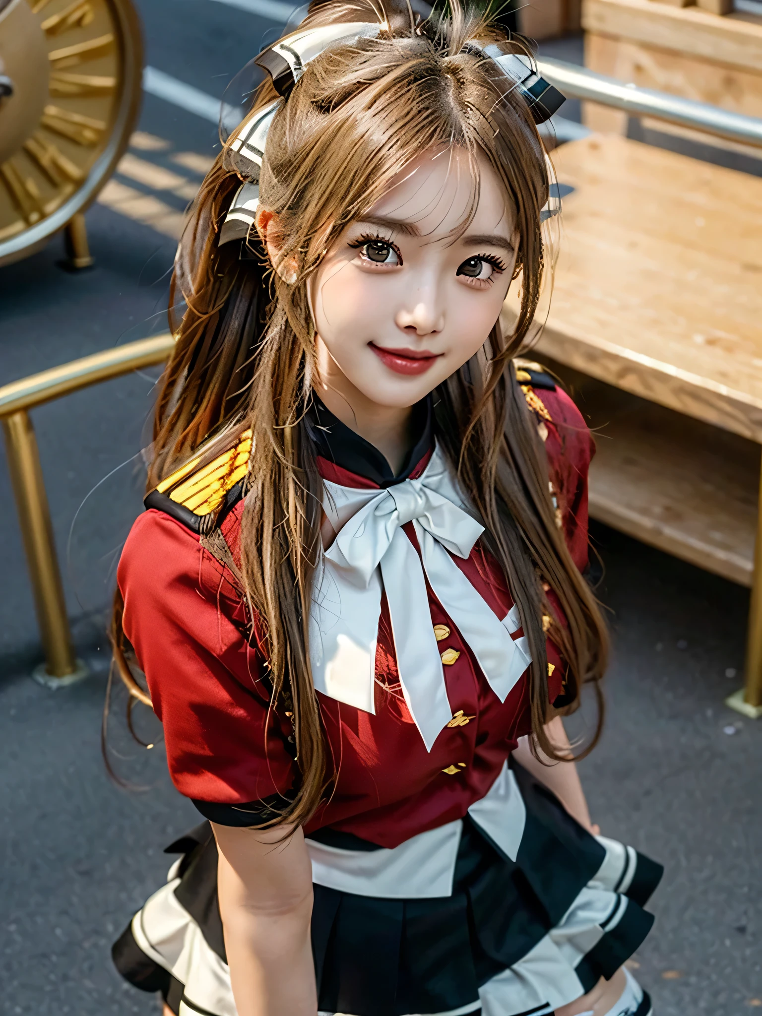 masterpiece, Best Quality, 8K、highres, Sento Isuzu, 1girl, ponytail, (Golden Ratio Face、Balanced eyes、very gentle eyelids)、double eyelid、Beautiful nasal muscles、Shy laughter、Lip Gloss 、Very beautiful girl、Beautiful girl solo like a model、View photographer,  hair bow, brown eyes, uniform, red shirt, red uniform, aiguillette, black mini skirt, white thighhighs, amusement park, standing, cowboy shot, from above, sexy pose, dynamic pose, medium breasts, naughty smile, cheerful expression, arms on top,