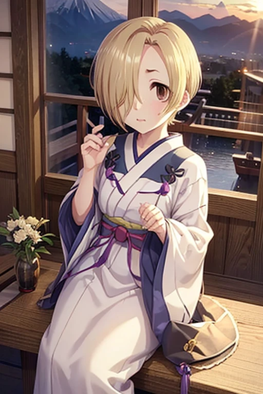  (((Shirasaka Koume,  blonde hair ,  hair covering one eye ,  shorthair,  Brown Eyes ,  flat chested))) , (  Perfect Hand,  perfect anatomy over a white blouse ),,  Five Fingers ,Midnight Inn,Sit by the window,indoor,, Mount Fuji、Scenery from the window, , sunset, Beautiful sky,  lake near a mountain , scenery,yukata, kimono, staring at me