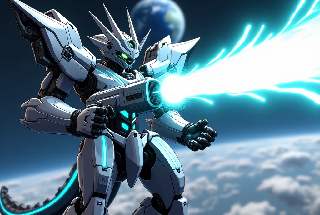 Silver-blue mech wolf,Mechanical skin,Crawling attack stance,Silver mechanical articulated wing detailing,Explosive effect,Load weapons cannon,Emits red laser rays