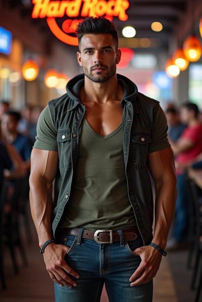 generate a master photograph describing a shapely Man, a full-body shot of a male fitness model dressed in a stylish, casual outfit suitable for a city day out, (8K, best quality), smile, brown hair, black hair, (hard chest, six pack, v cut), wearing a trendy bomber jacket, fitted dark jeans, and fashionable sneakers, standing in front of an urban backdrop, such as a brick wall or a modern building, (He has sexy hard chest, Most sexy v-cut , Most sexy six pack), Manly, Mancore, (He has fit chest, sexy six pack, sexy v-cut, extremely sexy hips), (asian skin, glistening skin, beautiful complexion), shot on Fujifilm superia, (Studio soft light, high detail, cinematic lighting, rim lighting), Style: (hyperrealistic, by DynastySeries FashionNova, photo, {{{masterpiece photography}}}, analog photograph, professional fashion photoshoot, trending on artstation, synthwave, krrrsty), Quality: (photographed, masterpiece, highest resolution), Definition: (highres, sharp focus, 8k uhd, ultra photo-realistic resolution), Film: (80 mm, shot on portra 120, shot on Fujifilm), Resolution: (extremely detailed, (sharp focus:1.5), cinematic lighting, dramatic lighting, ultra photo-realistic), luxury:    