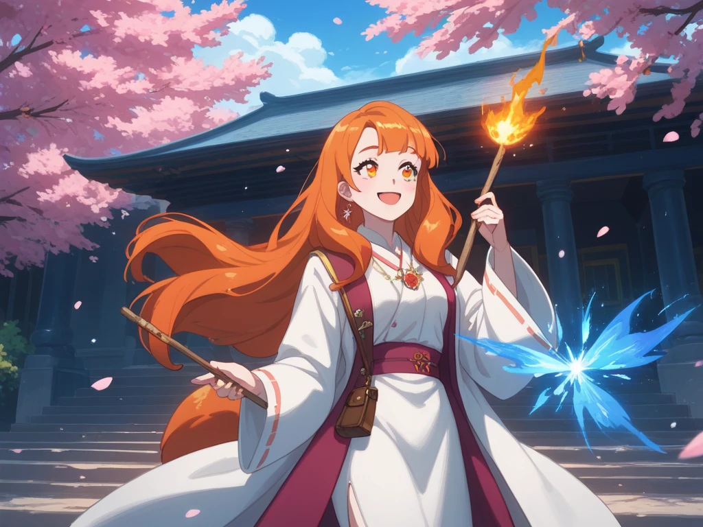  A female kitsune, wearing a white dress, wearing  a long pink elegant witch's tunic above all. a kind smile. with orange hair and golden glitter eyes. holding a thin wooden stick in her hand, from which blue sparks come out. Standing in front of an old Japanese castle with a school aesthetic with several cherry blossom trees around it, which give a beautiful and peaceful atmosphere. with a massive, dormant volcano in the background, a great distance away but imposingly large. Soft anime style. Harry Potter style 