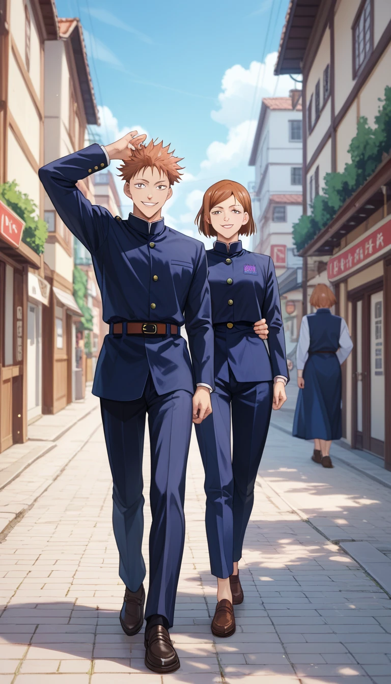 Around town、View of walking next door、 Nobara Kugizaki from Jujutsu Kaisen、Brown Hair、 shorthair、smile、uniform