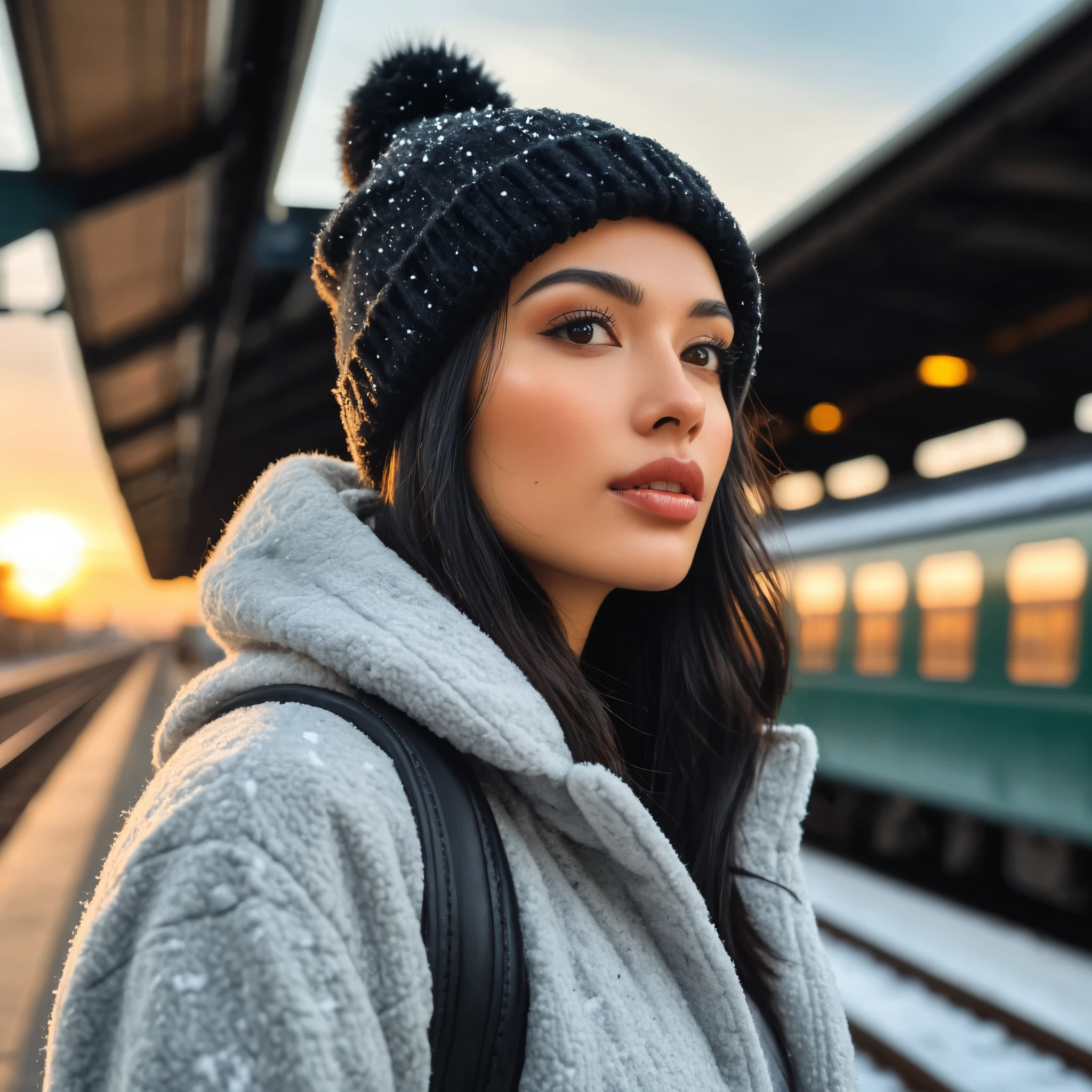 a realistic portrait of a beautiful black hair girl standing in outdoor train station, close-up shot, look up to the sky, (detailed beautiful face), (photo take by Iphone), Instagram model, she wearing an fleece coat, sweatpants and wool hat, sunset light, winter season, light snow falling, cozy atmosphere, bokeh, diffused light, soft focus, depth of field, intricate detail