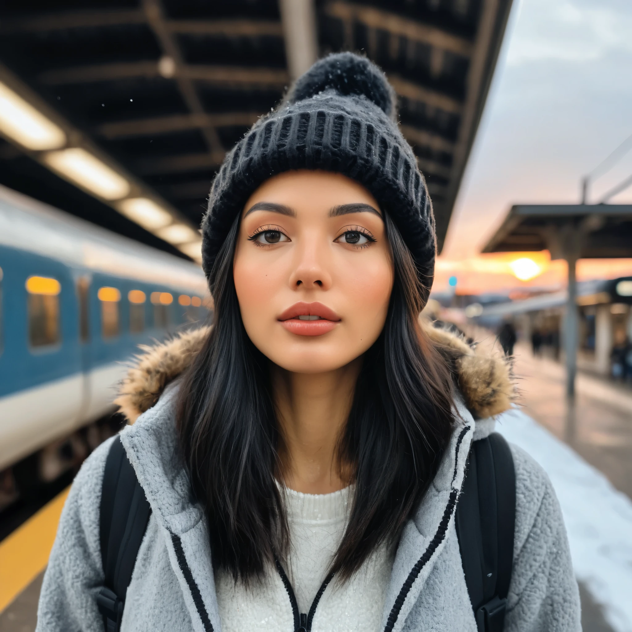 a realistic portrait of a beautiful black hair girl standing in outdoor train station, close-up shot, look up to the sky, (detailed beautiful face), (photo take by Iphone), Instagram model, she wearing an fleece coat, sweatpants and wool hat, sunset light, winter season, light snow falling, cozy atmosphere, bokeh, diffused light, soft focus, depth of field, intricate detail