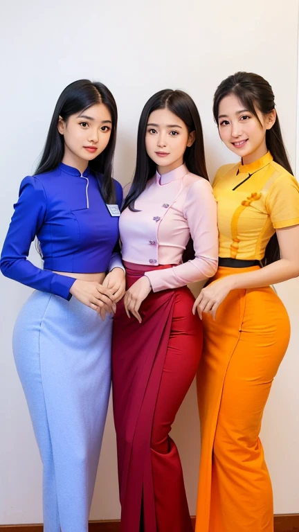 In the photo studio, 3 female teachers dressed in Burmese school teacher uniforms are posing.