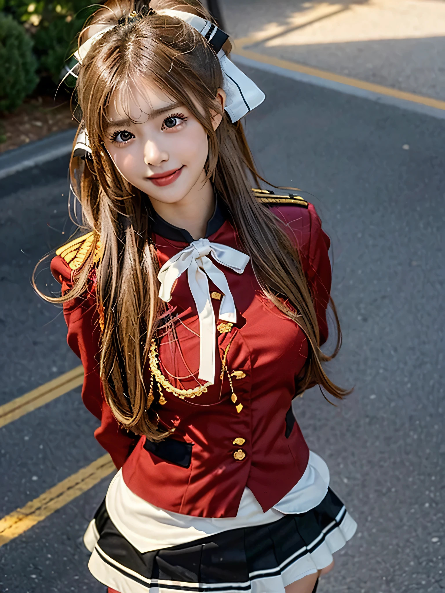 masterpiece, Best Quality, 8K、highres, Sento Isuzu, 1girl, ponytail, (Golden Ratio Face、Balanced eyes、very gentle eyelids)、double eyelid、Beautiful nasal muscles、Shy laughter、Lip Gloss 、Very beautiful girl、Beautiful girl solo like a model、View photographer, hair bow, brown eyes, uniform, red shirt, red uniform, aiguillette, black mini skirt, mini skirt, white thighhighs, amusement park, standing, cowboy shot, from above, sexy pose, dynamic pose, medium breasts, naughty smile, cheerful expression, arms on top,
