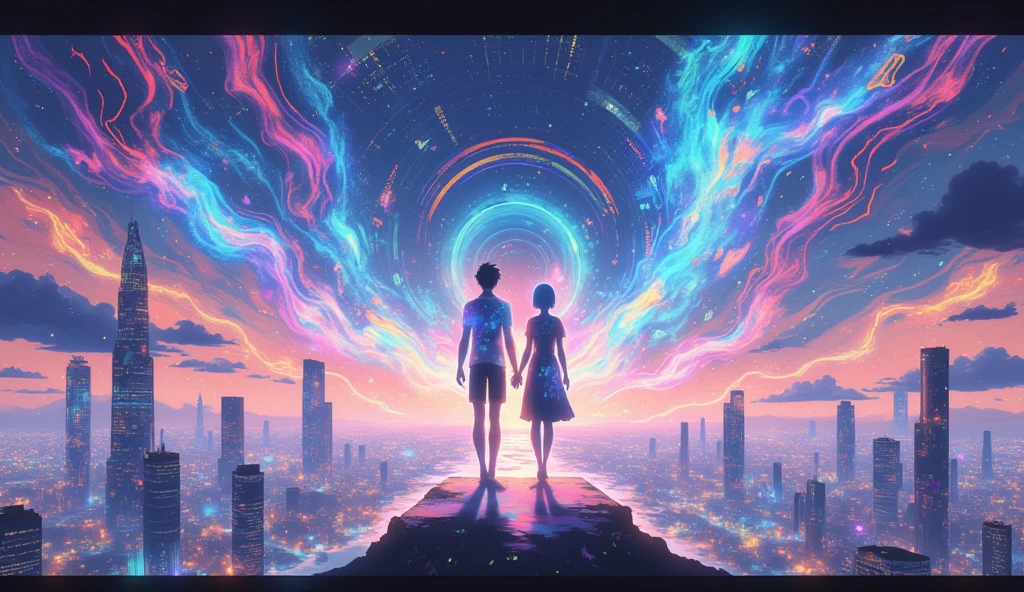 A stunning anime-style illustration designed as a 16:9 background, capturing the ethereal and futuristic atmosphere of the song "Digital Prism." The scene depicts a vibrant, dreamlike digital cityscape under a starry, virtual sky. Neon lights in hues of pink, blue, and purple glow softly, forming a prism-like effect that bathes the environment in a surreal digital ambiance.

In the foreground, a pair of characters are silhouetted, standing side by side on a floating platform. Their forms are semi-transparent, symbolizing avatars, with faint streams of glowing code cascading around them like falling rain. The male and female avatars face the horizon, their hands subtly reaching towards each other, symbolizing connection.

The background showcases a sprawling city with skyscrapers embedded with holographic panels and floating digital symbols. The sky above is a blend of shimmering stars and hexagonal grid patterns, representing the "virtual skies" described in the lyrics. Digital threads swirl gently in the air, connecting various elements of the scene, symbolizing the "invisible threads" tying the characters together.

The overall lighting is soft yet dynamic, with glowing accents emphasizing the "digital glow" and "virtual skies" themes. A faint reflection of the avatars can be seen on the platform, adding depth. The illustration balances warm emotional tones with a futuristic edge, capturing the song's essence of love, transcendence, and digital beauty.

Focus and Details:

The characters' silhouettes should exude a sense of intimacy and connection without overpowering the scene.

Use vibrant neon colors for the lighting to make the image stand out as a thumbnail.

The cityscape and sky should have intricate, high-detail designs, with layers of depth and texture to draw the viewer in.

Light particles and floating holographic effects should be scattered throughout to enhance the dreamy atmosphere.
