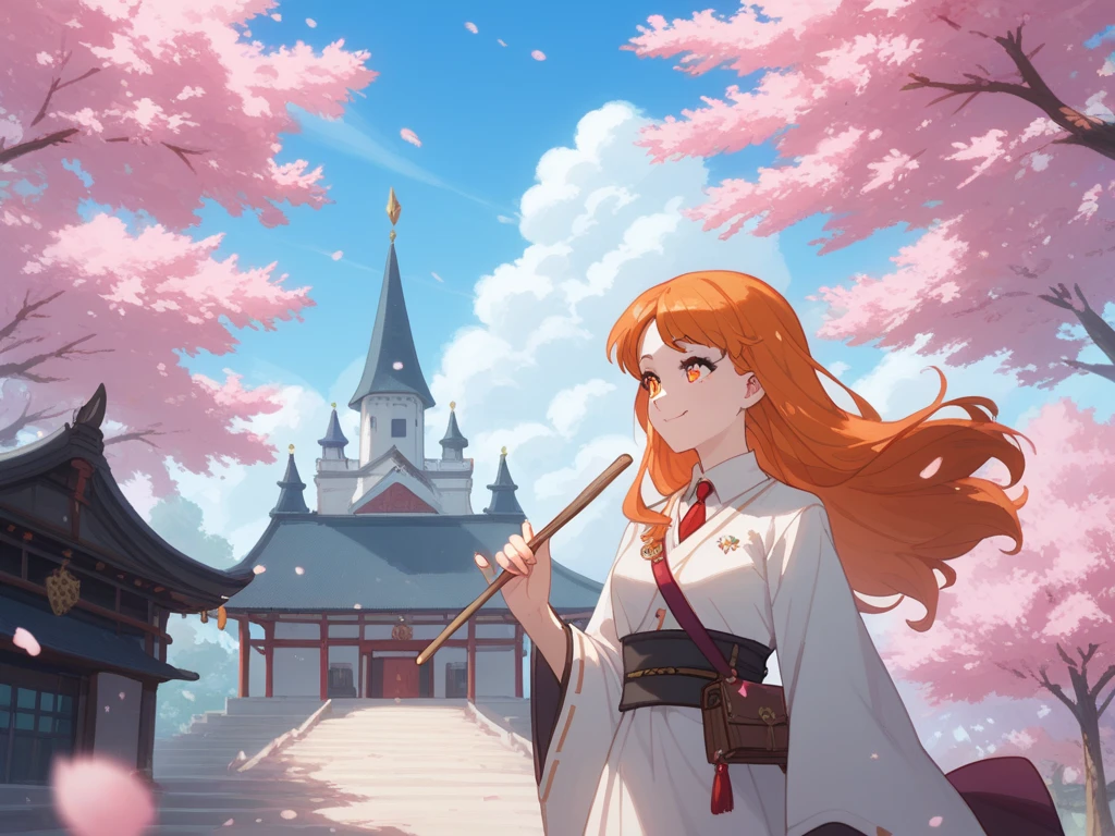  A female kitsune, wearing a white dress, wearing  a long pink elegant witch's tunic above all. a kind smile. with orange hair and golden glitter eyes. holding a thin wooden stick in her hand, from which blue sparks come out. Standing in front of an old Japanese castle with a school aesthetic with several cherry blossom trees around it, which give a beautiful and peaceful atmosphere. with a massive, dormant volcano in the background, a great distance away but imposingly large. Soft anime style. Harry Potter style 