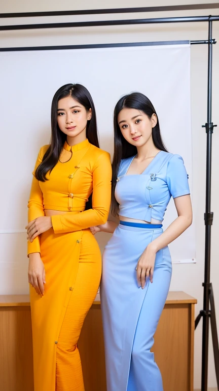 In the photo studio, 3 female teachers dressed in Burmese school teacher uniforms are posing.