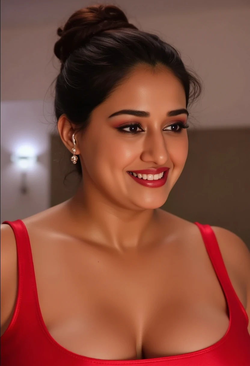 A 30 year old plus sized South Indian mom wearing red colour silk mini skirt and bra, front facing camera ,bend  down in doggy style position, surprise and shocked with open mouth  while her husband push her from behind , pushing her hard with pain , man  lifts her skirt and pressing her ass hard  and  making her seduce and having intimacy with her in a bed room at night , cum splash on the  and face, full body image 