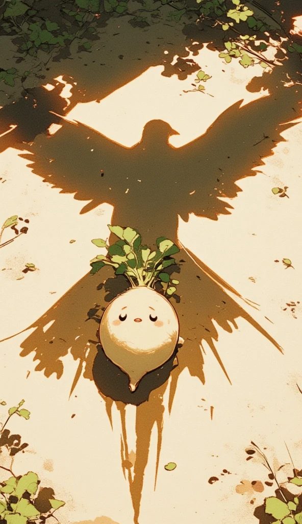 a small daikon on a farm being covered entirely by a giant flying bird's silhouette behind it. the bird in the sky covers the sunlight, causing everything in the foreground to be dark. the camera focuses on the daikon, with an extreme wide shot on the daikon to capture the silhouette of the bird. the daikon has a cute cartoony face, where it looks at the viewer, with a scared face. 