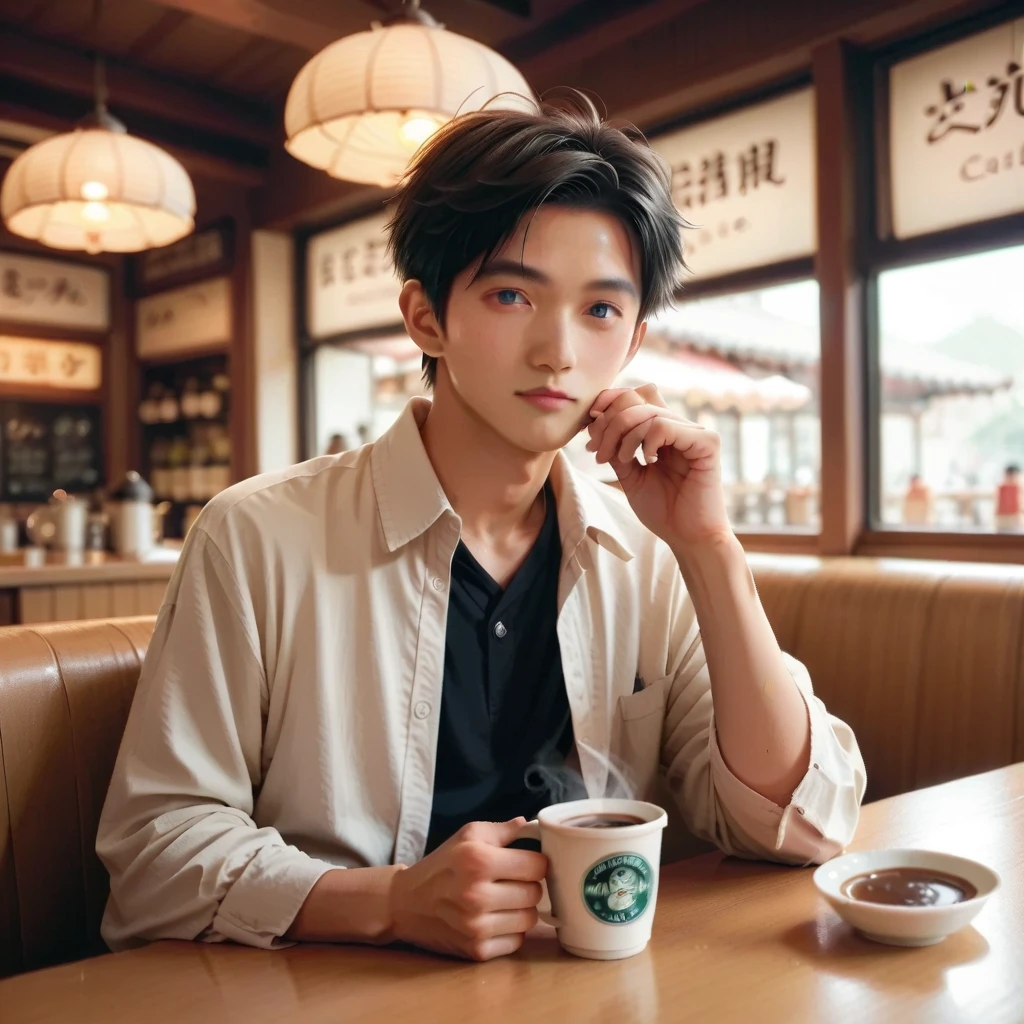 score_9, score_8_up, score_7_up, (master piece:0.9),Open terrace's((Cafe))in(coffee)Drink,Nagi XL,japanese beautiful boy, 19-years-old,black hair,dark blue eyes,small smooth face,(Quality clothing),(slim),(((Alone)))