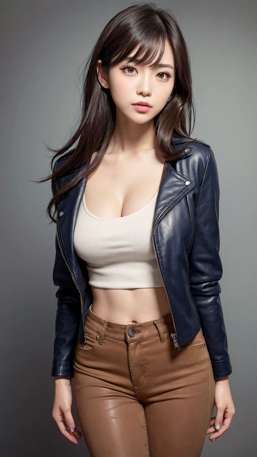 Anatomically correct depiction、masterpiece、Highest quality、8k、Attractive beautiful almond-shaped eyes、Big black eyes、Long eyelashes、Beautiful cherry lips、A high, well-defined nose、(Berry Short:1.1)、Beautiful and radiant colors々Hair color、((Realistic:1.3))、Bold composition、Highly detailed face、Detailed、Golden Ratio Face、Ultra-high resolution、Beautiful white smooth skin、((Young face))、Japanese White Gal、(blush:1.2)、(looking at the camera)、((Black leather jacket on bare skin))、((No shirt))、White short denim pants、Put your hands in your pants pockets
