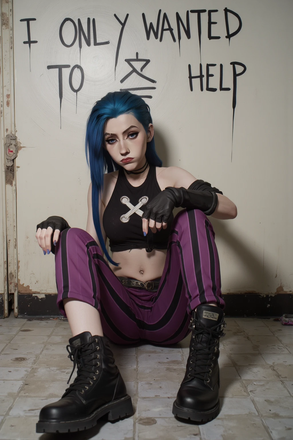 A photograph of Kat cosplaying as Jinx sitting against a wall. She is tired and got sad face, her long blue braided hair lies on ground, she's wearing army boots, fingerless gloves, dark purple striped pants, and black crop top with white X mark on it. The wall behind her has the words "I ONLY WANTED TO HELP" written on it, paint is smeared and dripping. The overall image conveys a powerful sense of melancholy and regret.
