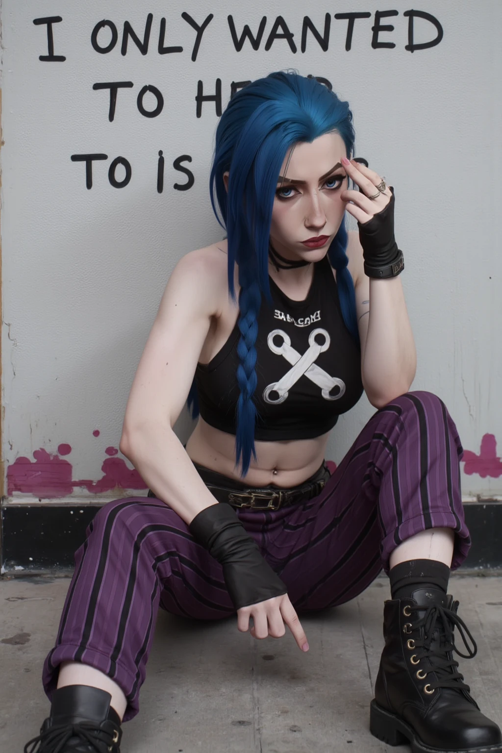 A photograph of Kat cosplaying as Jinx sitting against a wall. She is tired and got sad face, her long blue braided hair lies on ground, she's wearing army boots, fingerless gloves, dark purple striped pants, and black crop top with white X mark on it. The wall behind her has the words "I ONLY WANTED TO HELP" written on it, paint is smeared and dripping. The overall image conveys a powerful sense of melancholy and regret.
