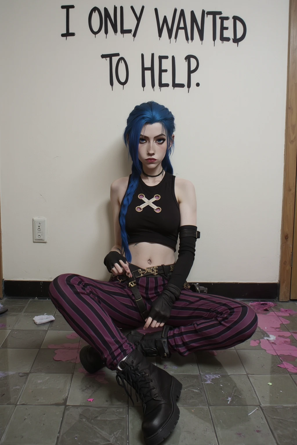 A photograph of Kat cosplaying as Jinx sitting against a wall. She is tired and got sad face, her long blue braided hair lies on ground, she's wearing army boots, fingerless gloves, dark purple striped pants, and black crop top with white X mark on it. The wall behind her has the words "I ONLY WANTED TO HELP" written on it, paint is smeared and dripping. The overall image conveys a powerful sense of melancholy and regret.
